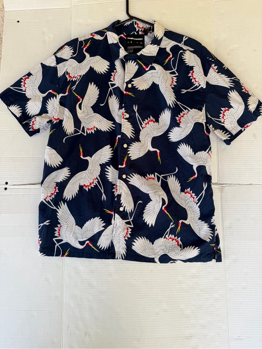 The Hundreds Navy Short-Sleeve Crane Print Button-Down Shirt